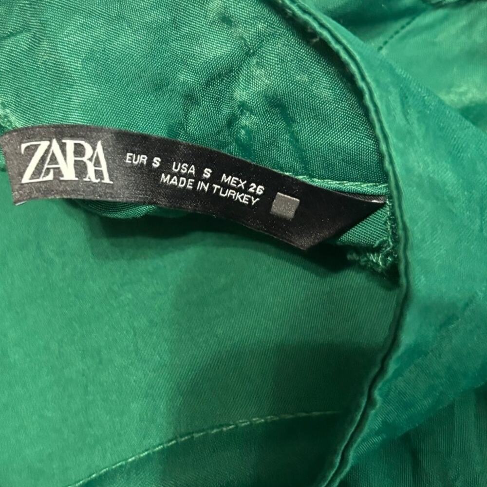 Zara Green Long Sleeve Midi Dress Tie Waist Pleated Mock Neck Size S - Picture 7 of 8